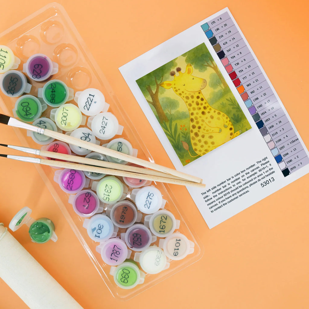 Malowanie według numerów żyrafa Zadowolony Design Baseln, Bastelidee, Malen, Ausmalbild, Künstler, Kunstwerk, Malen nach Zahlen, Kreativität, DIY, Afrika, Wildtiere, Glück, Abenteuer, Giraffe, Zufrieden