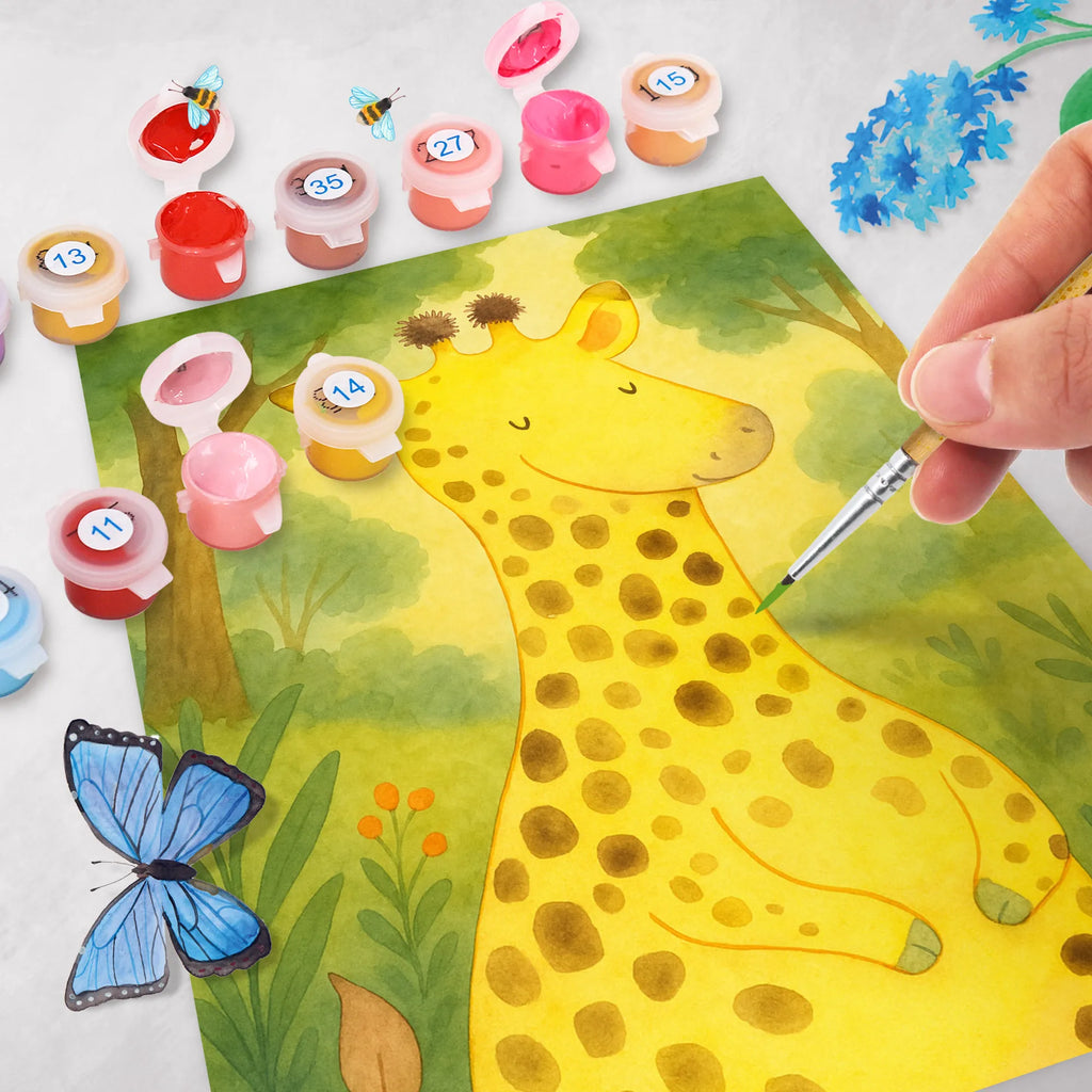 Malowanie według numerów żyrafa Zadowolony Design Baseln, Bastelidee, Malen, Ausmalbild, Künstler, Kunstwerk, Malen nach Zahlen, Kreativität, DIY, Afrika, Wildtiere, Glück, Abenteuer, Giraffe, Zufrieden