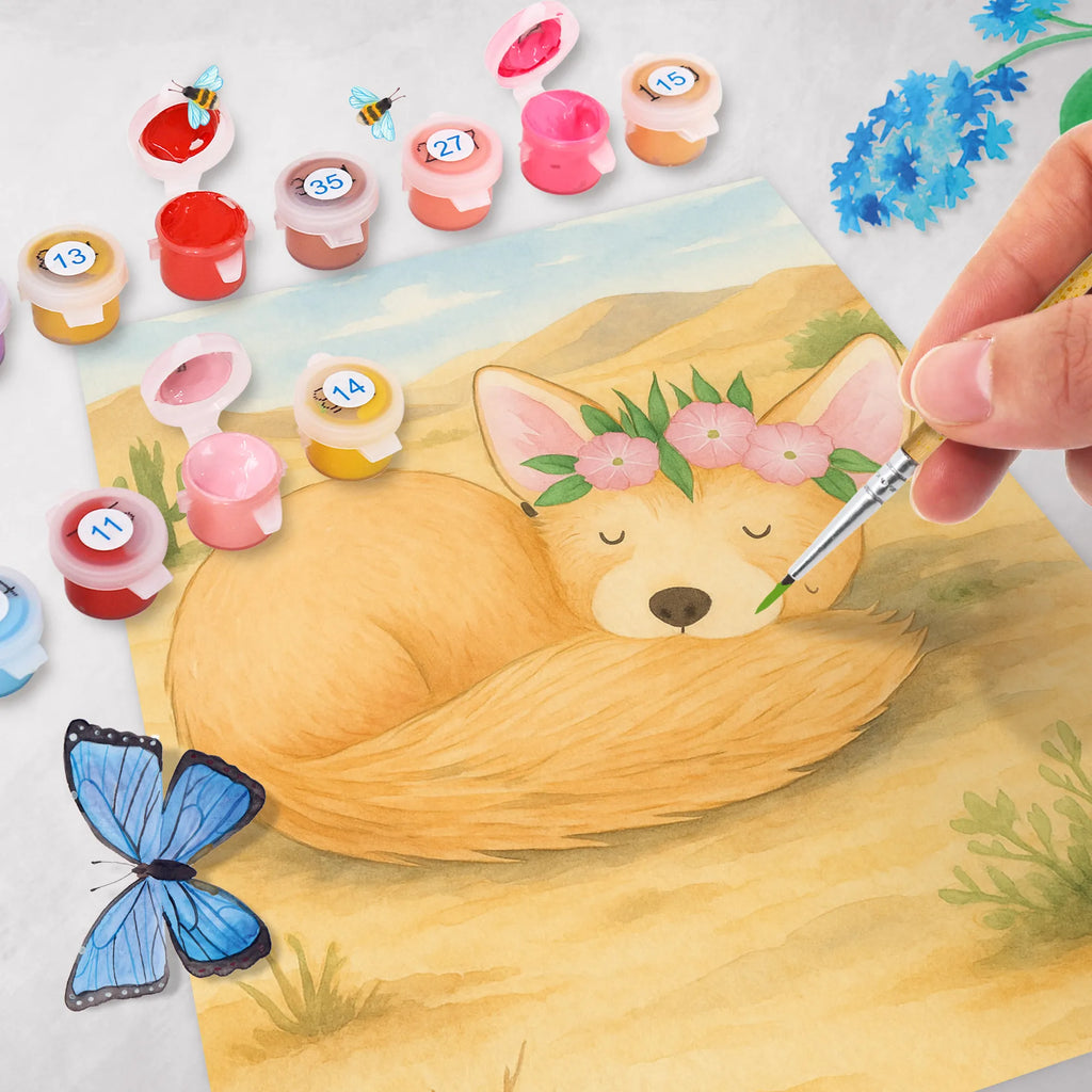 Malowanie według numerów lis pustynny kwiaty Design Malen, Bastelidee, Kunstwerk, Kreativität, Malen nach Zahlen, DIY, Künstler, Ausmalbild, Baseln, Afrika, Wildtiere, Wüste, Blumen, Wüstenfuchs, Blumenkranz, Glücklich