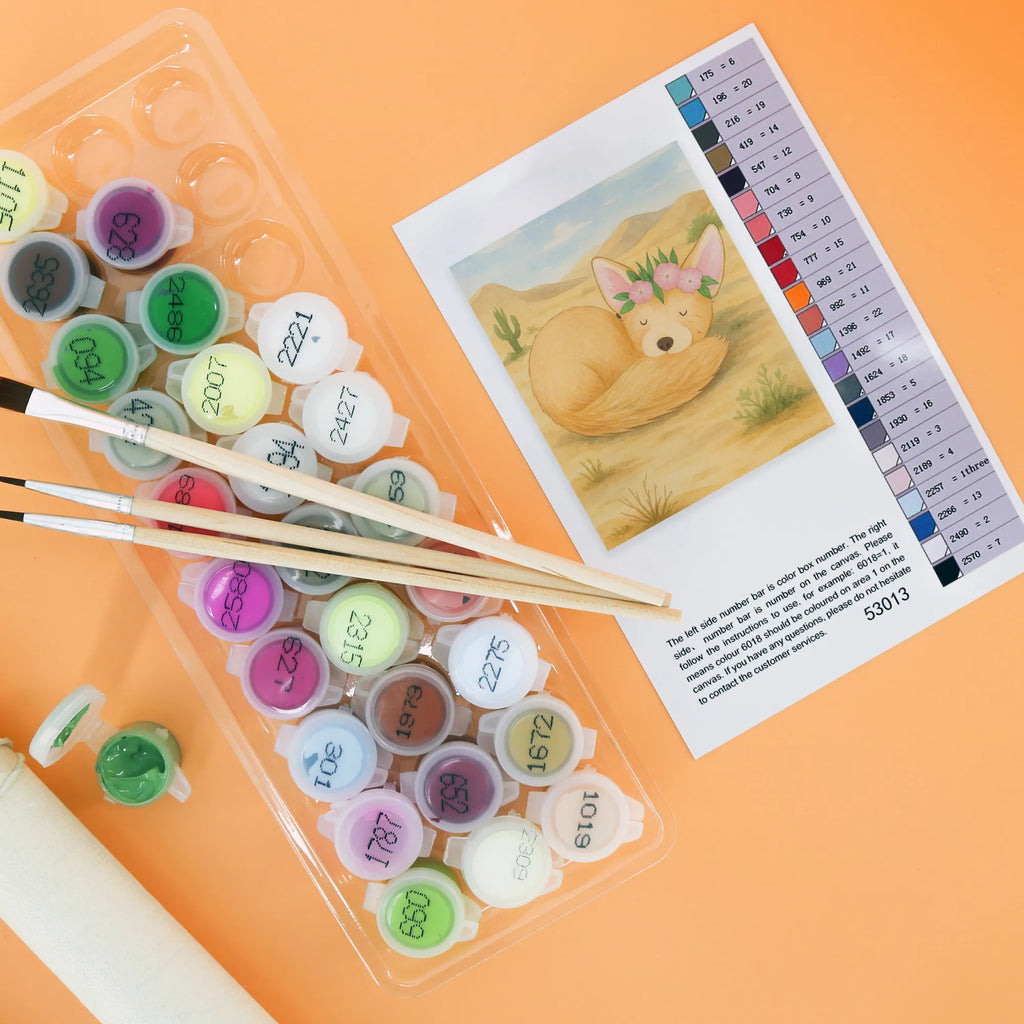 Malowanie według numerów lis pustynny kwiaty Design Malen, Bastelidee, Kunstwerk, Kreativität, Malen nach Zahlen, DIY, Künstler, Ausmalbild, Baseln, Afrika, Wildtiere, Wüste, Blumen, Wüstenfuchs, Blumenkranz, Glücklich