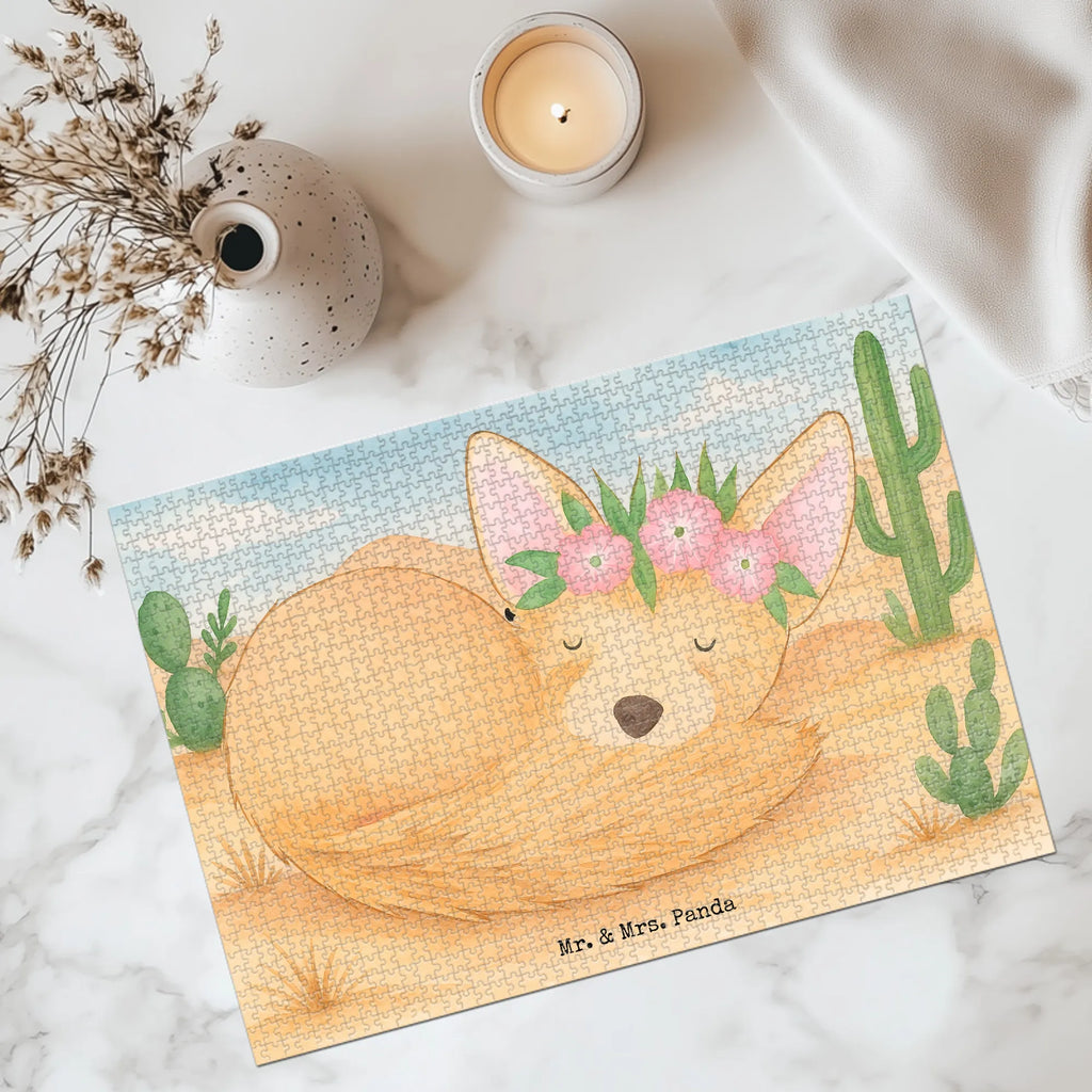 Puzzle desert fox Flower Design Puzzle, Afrika, Wildtiere, Wüstenfuchs, Wüste, Blumen, Blumenkranz, Glücklich
