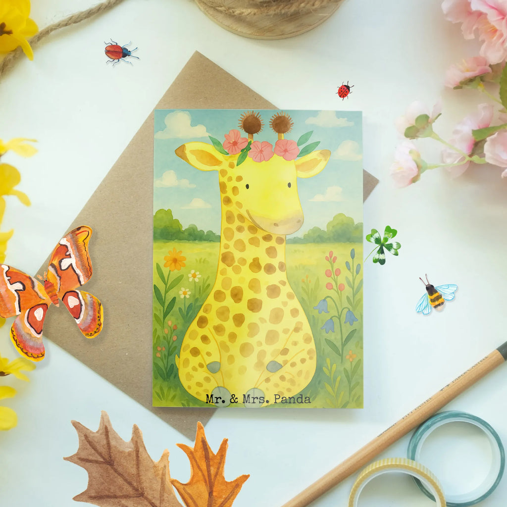 Greetings card giraffe flower wreath Design Grußkarte, Klappkarte, Einladungskarte, Glückwunschkarte, Hochzeitskarte, Geburtstagskarte, Karte, Ansichtskarten, Afrika, Wildtiere, Giraffe, Blumenkranz, Abenteurer, Selbstliebe, Freundin