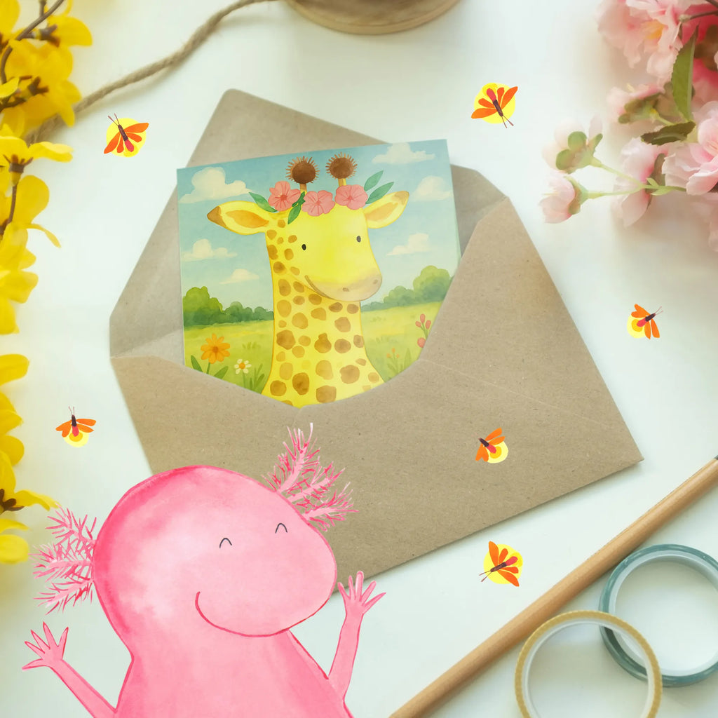 Greetings card giraffe flower wreath Design Grußkarte, Klappkarte, Einladungskarte, Glückwunschkarte, Hochzeitskarte, Geburtstagskarte, Karte, Ansichtskarten, Afrika, Wildtiere, Giraffe, Blumenkranz, Abenteurer, Selbstliebe, Freundin