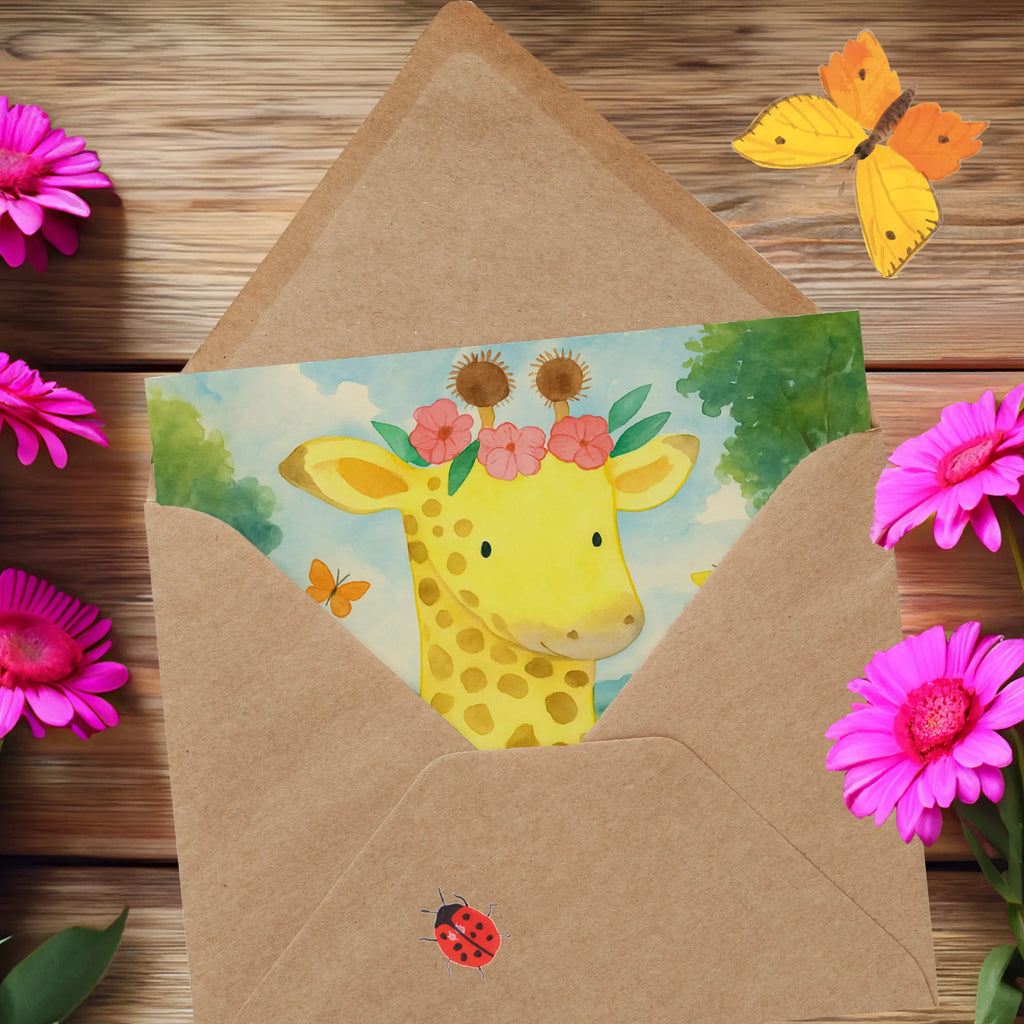 Deluxe Card giraffe flower wreath Design Karte, Grußkarte, Klappkarte, Einladungskarte, Glückwunschkarte, Hochzeitskarte, Geburtstagskarte, Hochwertige Grußkarte, Hochwertige Klappkarte, Afrika, Wildtiere, Giraffe, Blumenkranz, Abenteurer, Selbstliebe, Freundin