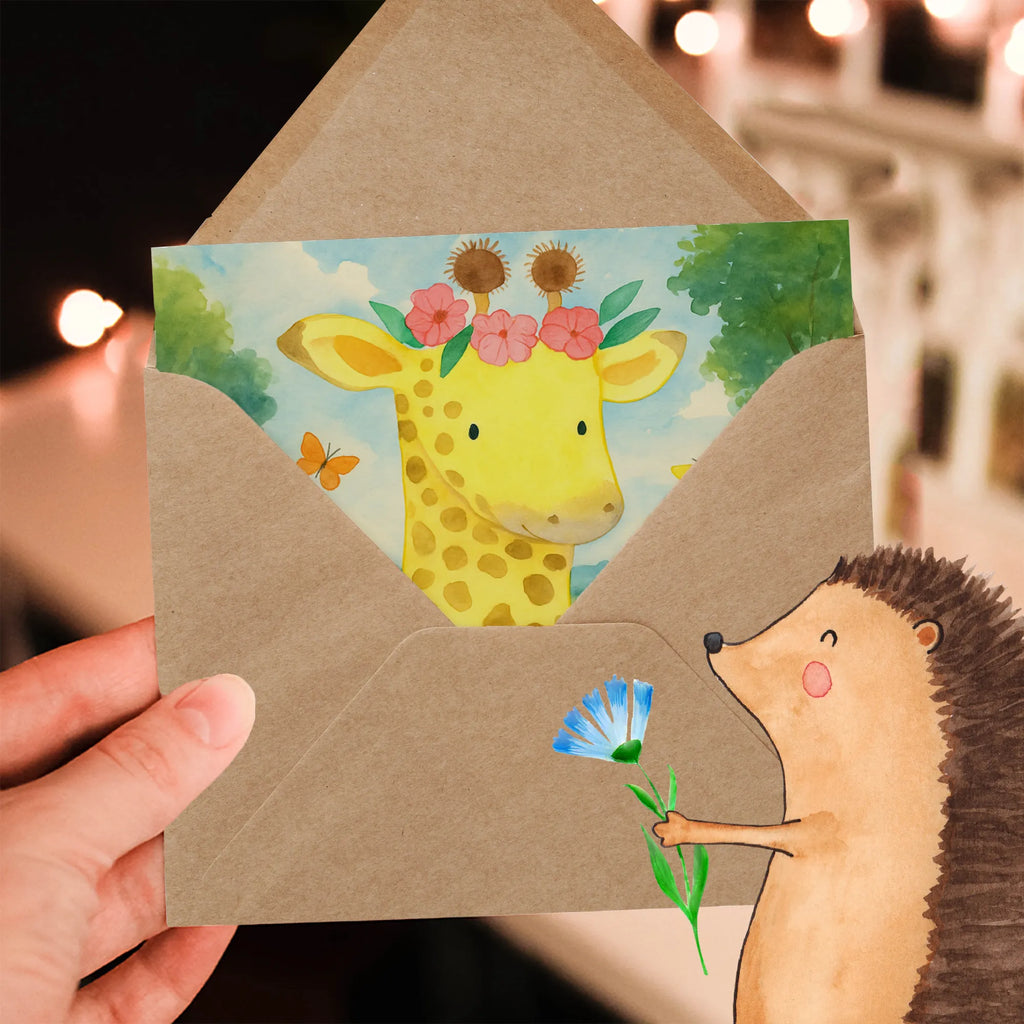 Deluxe Card giraffe flower wreath Design Karte, Grußkarte, Klappkarte, Einladungskarte, Glückwunschkarte, Hochzeitskarte, Geburtstagskarte, Hochwertige Grußkarte, Hochwertige Klappkarte, Afrika, Wildtiere, Giraffe, Blumenkranz, Abenteurer, Selbstliebe, Freundin