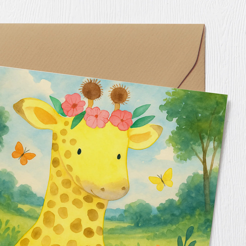 Deluxe Card giraffe flower wreath Design Karte, Grußkarte, Klappkarte, Einladungskarte, Glückwunschkarte, Hochzeitskarte, Geburtstagskarte, Hochwertige Grußkarte, Hochwertige Klappkarte, Afrika, Wildtiere, Giraffe, Blumenkranz, Abenteurer, Selbstliebe, Freundin