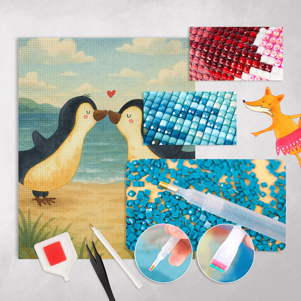 Obraz diamentowy Pingwiny Pocałunek Design Miłość, partner, przyjaciel, przyjaciółka, mąż, żona, wesele, zaręczyny, prośba o rękę, prezent miłosny, rocznica, dzień ślubu