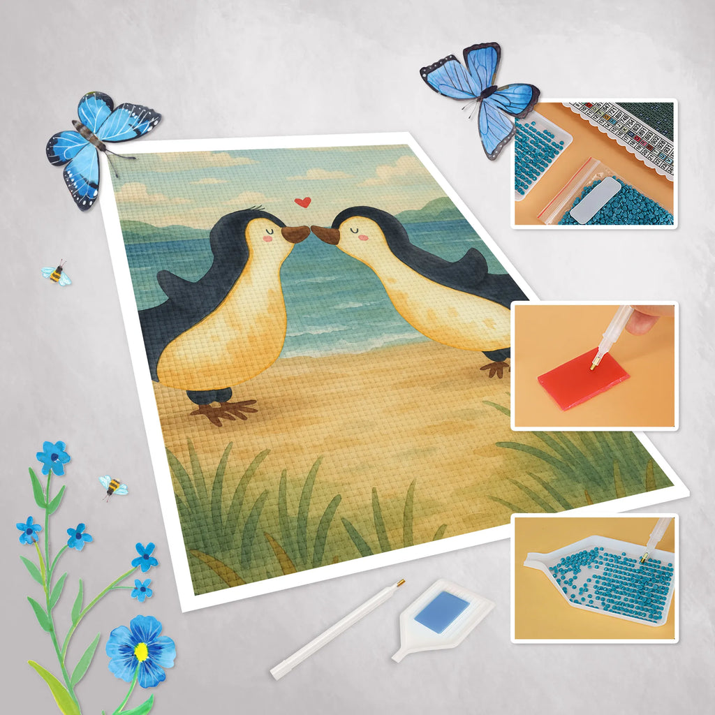 Obraz diamentowy Pingwiny Pocałunek Design Miłość, partner, przyjaciel, przyjaciółka, mąż, żona, wesele, zaręczyny, prośba o rękę, prezent miłosny, rocznica, dzień ślubu