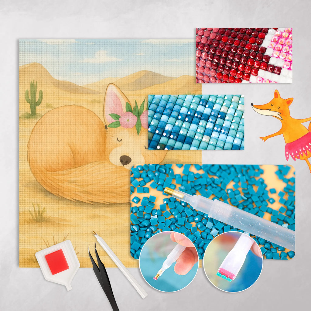 Diamond Painting Wüstenfuchs Blumen Design DIY, Kreativität, Diamond Painting, Kristallbild, Afrika, Wildtiere, Wüste, Glücklich, Blumen, Blumenkranz, Wüstenfuchs