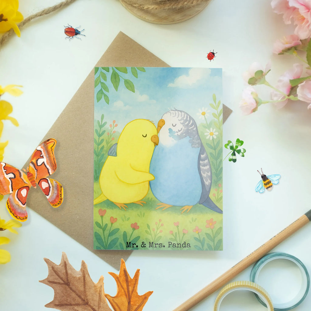Greetings card Parakeets in love Design Grußkarte, Klappkarte, Einladungskarte, Glückwunschkarte, Hochzeitskarte, Geburtstagskarte, Karte, Ansichtskarten, Liebe, Partner, Freund, Freundin, Ehemann, Ehefrau, Heiraten, Verlobung, Heiratsantrag, Liebesgeschenk, Jahrestag, Hocheitstag, Vögel, Wellensittich, Nähe, Kuscheln, Vertrauen