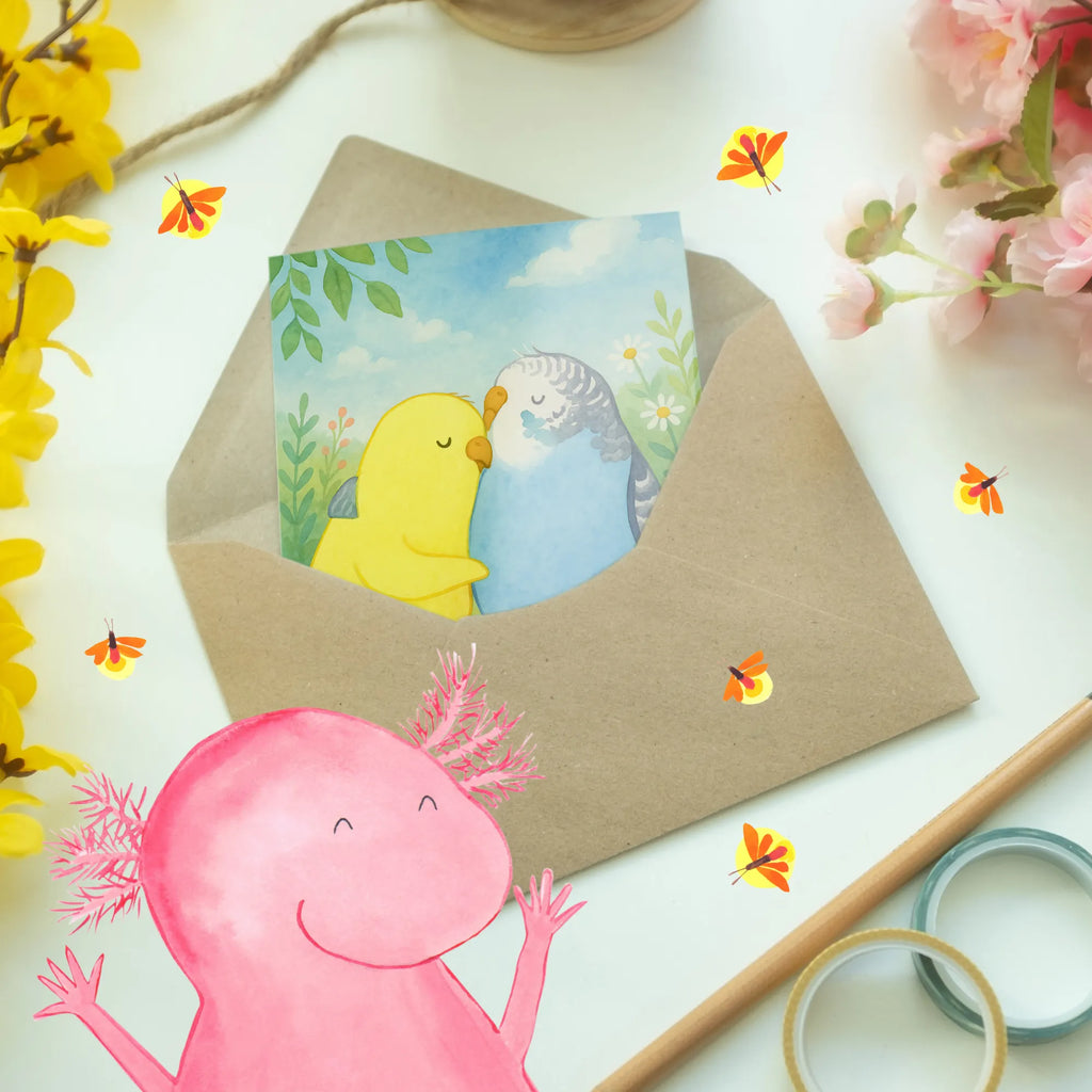 Greetings card Parakeets in love Design Grußkarte, Klappkarte, Einladungskarte, Glückwunschkarte, Hochzeitskarte, Geburtstagskarte, Karte, Ansichtskarten, Liebe, Partner, Freund, Freundin, Ehemann, Ehefrau, Heiraten, Verlobung, Heiratsantrag, Liebesgeschenk, Jahrestag, Hocheitstag, Vögel, Wellensittich, Nähe, Kuscheln, Vertrauen