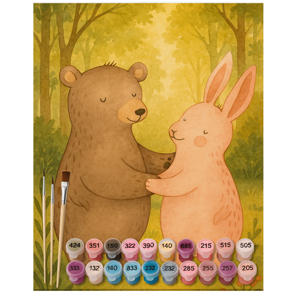 Paint by Numbers bear and rabbit Embrace Design Kunstwerk, Bastelidee, DIY, Baseln, Malen, Malen nach Zahlen, Künstler, Ausmalbild, Kreativität, Liebe, Partner, Freund, Freundin, Ehemann, Ehefrau, Heiraten, Verlobung, Heiratsantrag, Liebesgeschenk, Jahrestag, Hocheitstag, Bär, best friends, Freunde, Hase, Bärchen, bester Freund