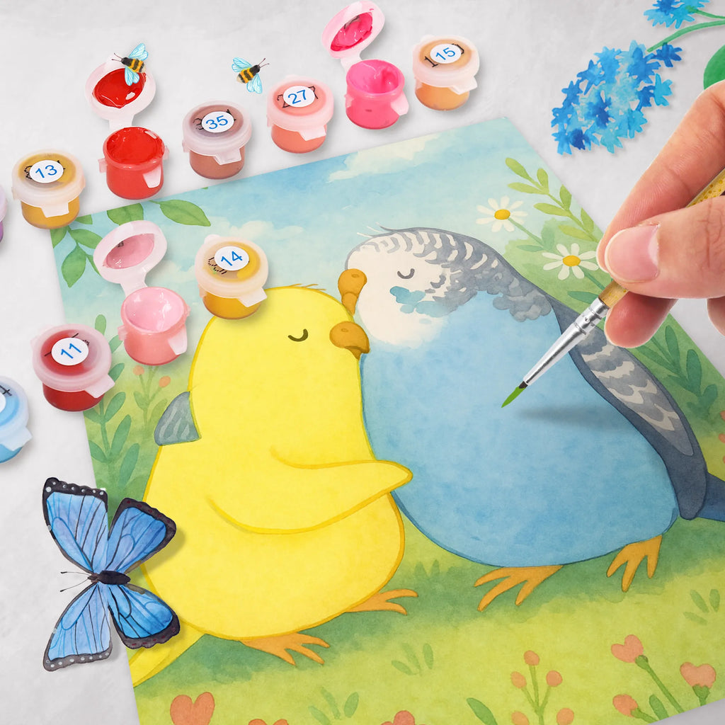 Malen nach Zahlen Wellensittich Liebe Design DIY, Ausmalbild, Bastelidee, Malen, Künstler, Kunstwerk, Malen nach Zahlen, Baseln, Kreativität, Liebe, Partner, Freund, Freundin, Ehemann, Ehefrau, Heiraten, Verlobung, Heiratsantrag, Liebesgeschenk, Jahrestag, Hocheitstag, Wellensittich, Vertrauen, Nähe, Kuscheln, Vögel