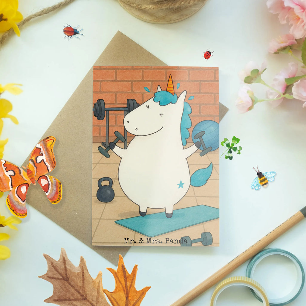 Greetings card unicorn fitness Design Grußkarte, Klappkarte, Einladungskarte, Glückwunschkarte, Hochzeitskarte, Geburtstagskarte, Karte, Ansichtskarten, Einhorn, Einhörner, Einhorn Deko, Unicorn, Gym, Fitness, Fitnessstudio, Diät, Abnehmen, Sport, Pumpen, Geräte, Sixpack