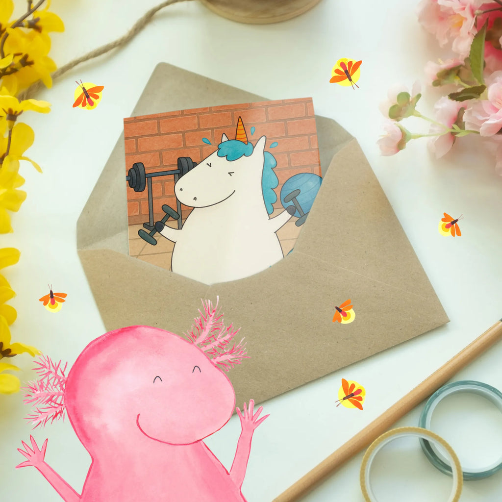 Greetings card unicorn fitness Design Grußkarte, Klappkarte, Einladungskarte, Glückwunschkarte, Hochzeitskarte, Geburtstagskarte, Karte, Ansichtskarten, Einhorn, Einhörner, Einhorn Deko, Unicorn, Gym, Fitness, Fitnessstudio, Diät, Abnehmen, Sport, Pumpen, Geräte, Sixpack