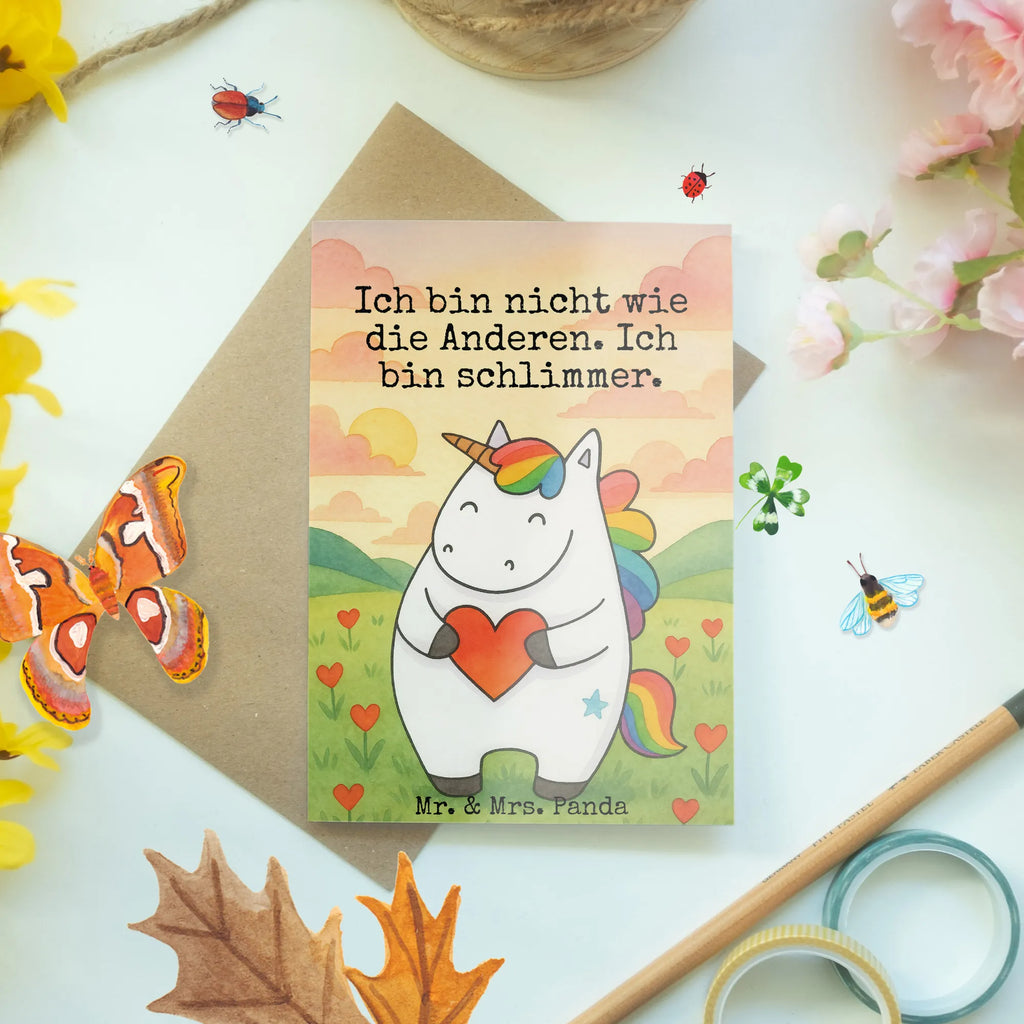 Grußkarte Einhorn Herz Design Grußkarte, Klappkarte, Einladungskarte, Glückwunschkarte, Hochzeitskarte, Geburtstagskarte, Karte, Ansichtskarten, Einhorn, Einhörner, Einhorn Deko, Unicorn, Herz, schlimm, böse, witzig, lustig, Freundin, anders, bunt