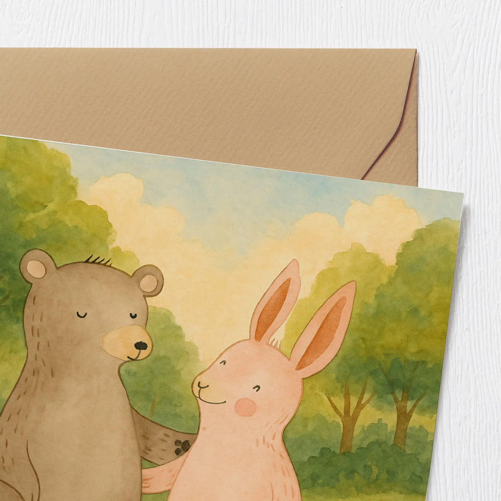 Karta Deluxe Niedźwiedź i królik Przytulać Design Karte, Grußkarte, Klappkarte, Einladungskarte, Glückwunschkarte, Hochzeitskarte, Geburtstagskarte, Hochwertige Grußkarte, Hochwertige Klappkarte, Liebe, Partner, Freund, Freundin, Ehemann, Ehefrau, Heiraten, Verlobung, Heiratsantrag, Liebesgeschenk, Jahrestag, Hocheitstag, Freunde, bester Freund, Hase, Bär, Bärchen, best friends