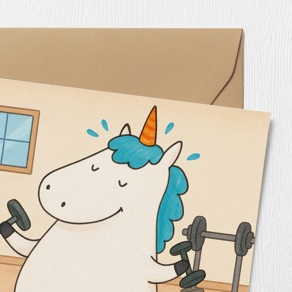 Karta Deluxe jednorożec Fitness Design Karte, Grußkarte, Klappkarte, Einladungskarte, Glückwunschkarte, Hochzeitskarte, Geburtstagskarte, Hochwertige Grußkarte, Hochwertige Klappkarte, Einhorn, Einhörner, Einhorn Deko, Unicorn, Gym, Fitness, Fitnessstudio, Diät, Abnehmen, Sport, Pumpen, Geräte, Sixpack