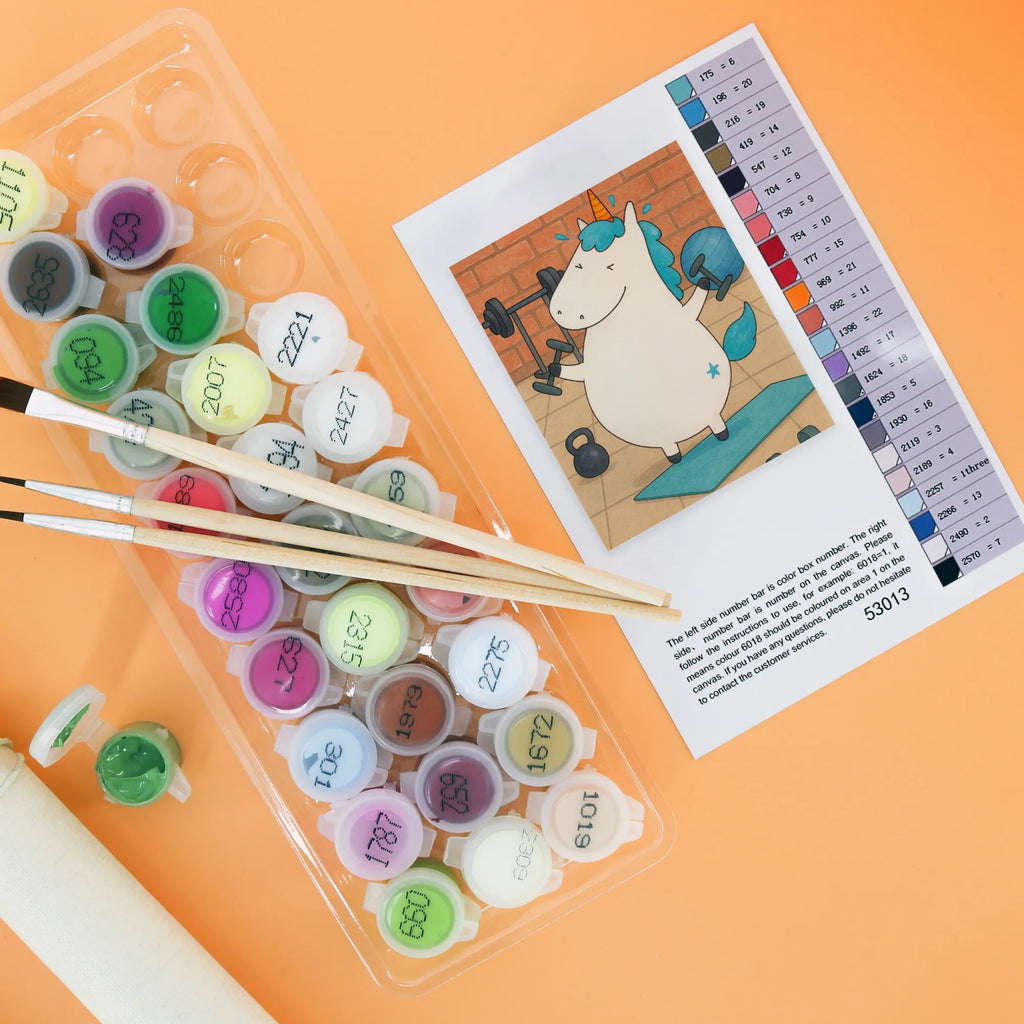 Paint by Numbers unicorn fitness Design Baseln, Kreativität, Malen, Künstler, Malen nach Zahlen, Ausmalbild, DIY, Kunstwerk, Bastelidee, Einhorn, Einhörner, Einhorn Deko, Unicorn, Diät, Fitness, Gym, Sport, Geräte, Fitnessstudio, Pumpen, Abnehmen, Sixpack