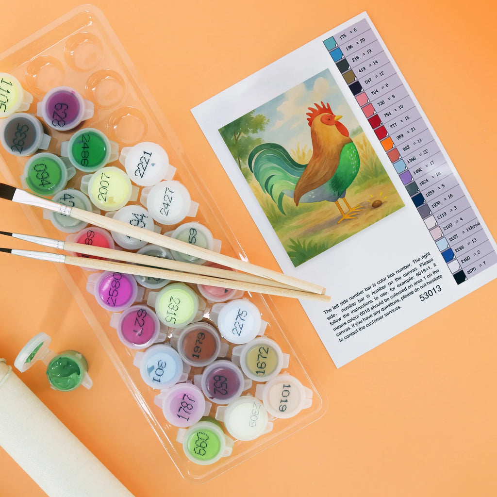 Paint by Numbers Faucet grain Design Bastelidee, Kreativität, Ausmalbild, Kunstwerk, DIY, Baseln, Malen, Malen nach Zahlen, Künstler, Bauernhof, Hoftiere, Landwirt, Landwirtin, Henne, Eier, Natur, Hahn, Korn