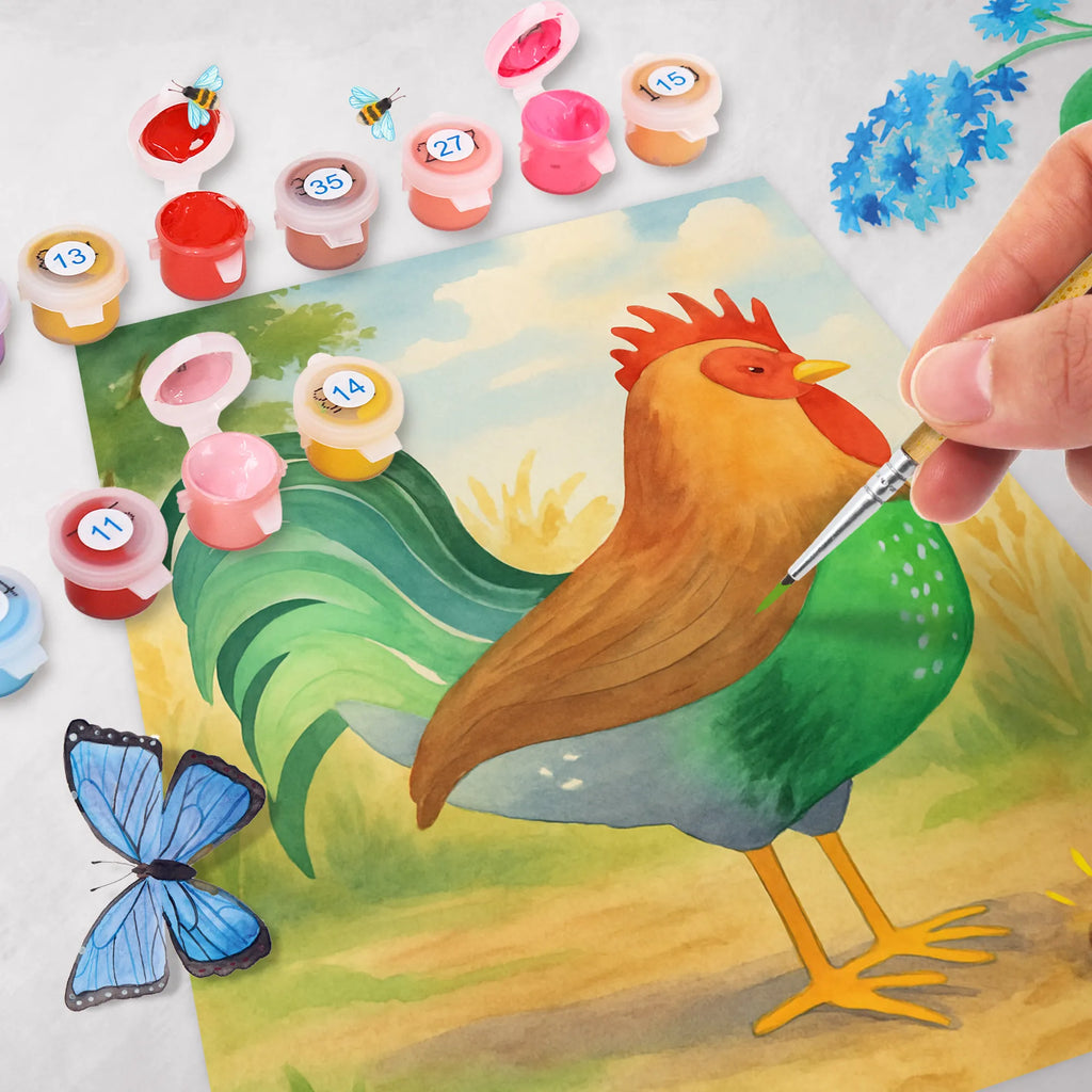 Paint by Numbers Faucet grain Design Bastelidee, Kreativität, Ausmalbild, Kunstwerk, DIY, Baseln, Malen, Malen nach Zahlen, Künstler, Bauernhof, Hoftiere, Landwirt, Landwirtin, Henne, Eier, Natur, Hahn, Korn