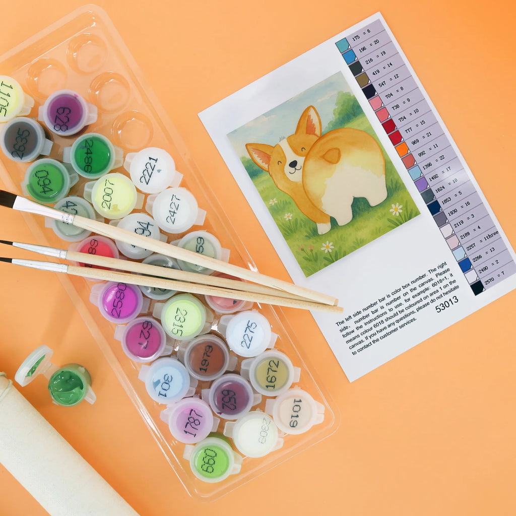 Malen nach Zahlen Corgi Po Design Künstler, Malen, Baseln, Bastelidee, Kunstwerk, Kreativität, Ausmalbild, DIY, Malen nach Zahlen, Hund, Hundemotiv, Haustier, Hunderasse, Tierliebhaber, Hundebesitzer, Sprüche, Hundeliebe, Spruch, Selbstliebe, Motivation, Corgie