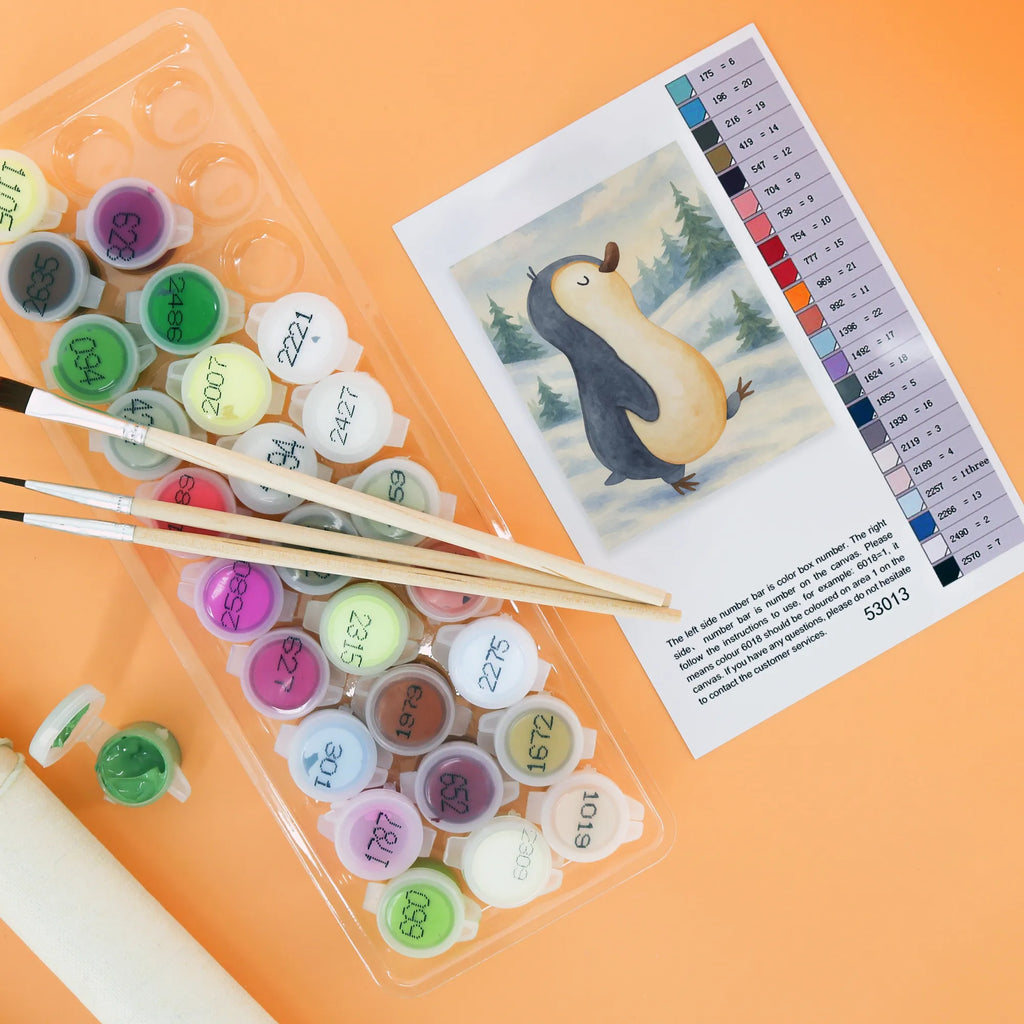 Malen nach Zahlen Pinguin marschieren Design Kreativität, DIY, Malen, Bastelidee, Künstler, Ausmalbild, Kunstwerk, Malen nach Zahlen, Baseln, Pinguin, Langschläfer, Familie, Frühaufsteher, Bruder, Pinguine, Schwester