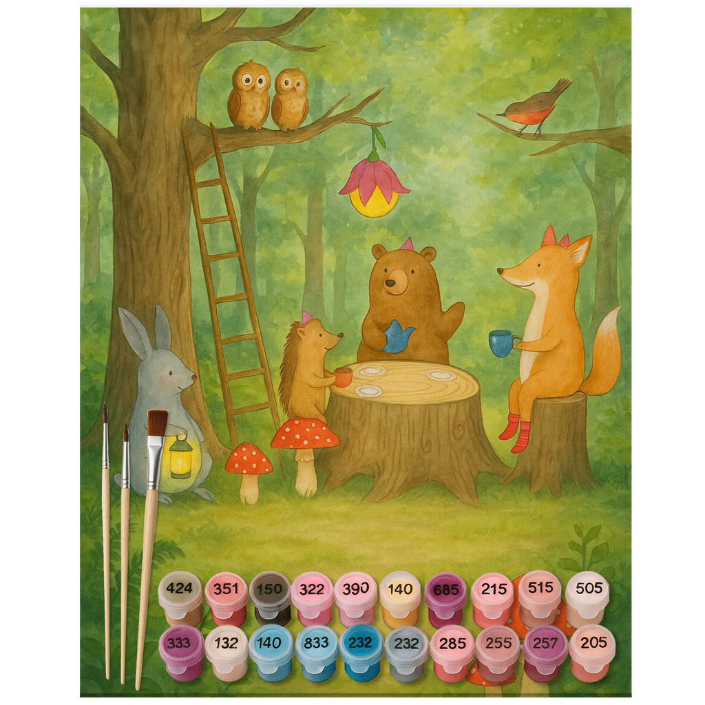 Paint by Numbers forest animals picnic Design Ausmalbild, Künstler, Kunstwerk, Kreativität, Bastelidee, DIY, Baseln, Malen, Malen nach Zahlen, Tiermotive, Gute Laune, lustige Sprüche, Tiere, Wald, Igel, Picknick, Eichhörnchen, Hase, Maus, Fuchs, Waldtiere