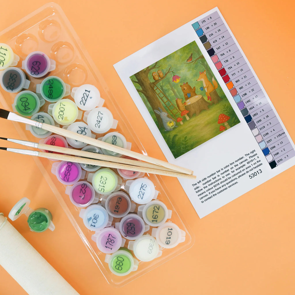 Paint by Numbers forest animals picnic Design Ausmalbild, Künstler, Kunstwerk, Kreativität, Bastelidee, DIY, Baseln, Malen, Malen nach Zahlen, Tiermotive, Gute Laune, lustige Sprüche, Tiere, Wald, Igel, Picknick, Eichhörnchen, Hase, Maus, Fuchs, Waldtiere