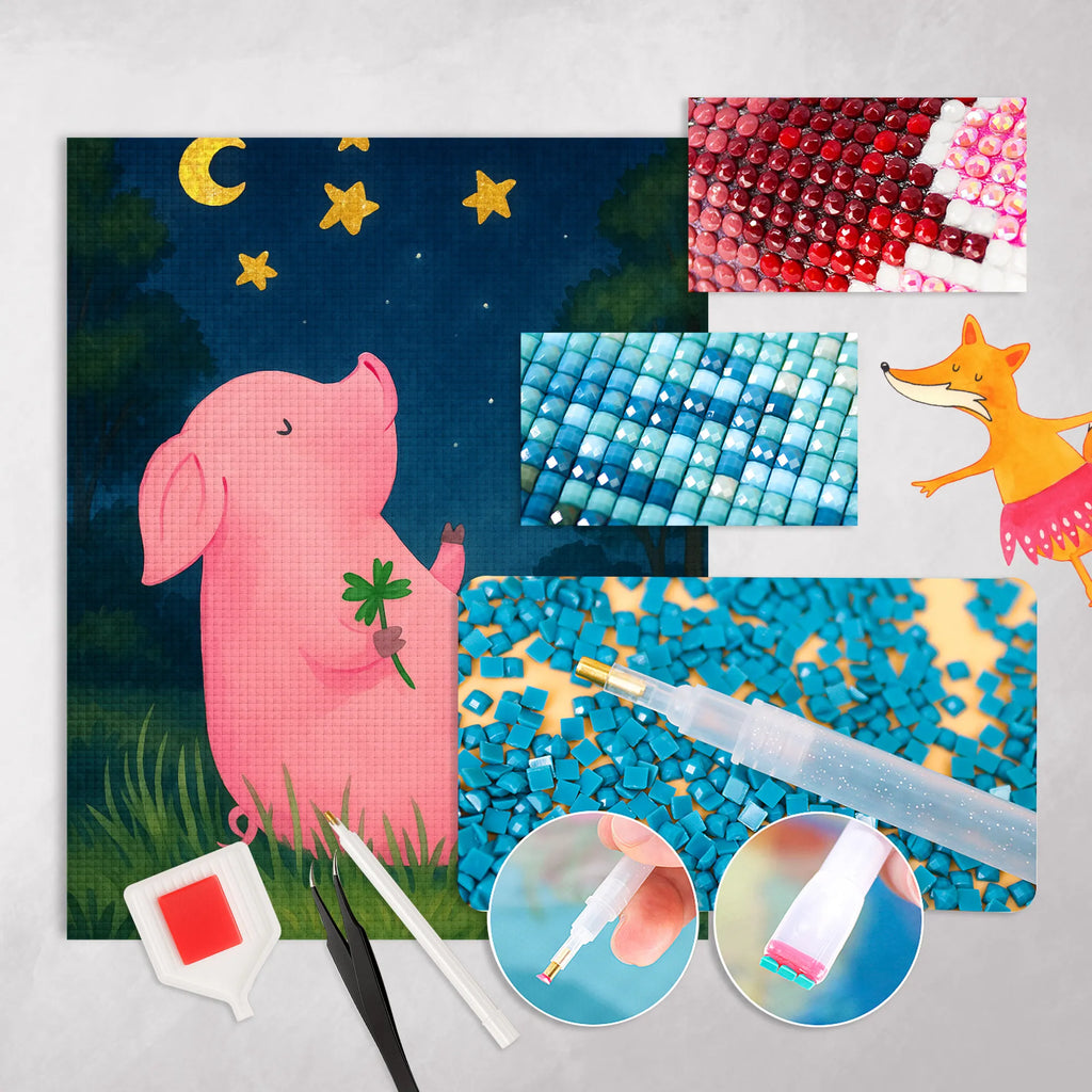 Diamond Painting Pig Luck Design small animals, cute, funny, cute animal motives, hand drawn, small world, funny sayings, good mood, happy, gifts, gift ideas, special gifts, animal lover, card, stars, piglet, motivation, dreams, goals, pig, Lucky bastard. Luck, lucky charm, asterisks
