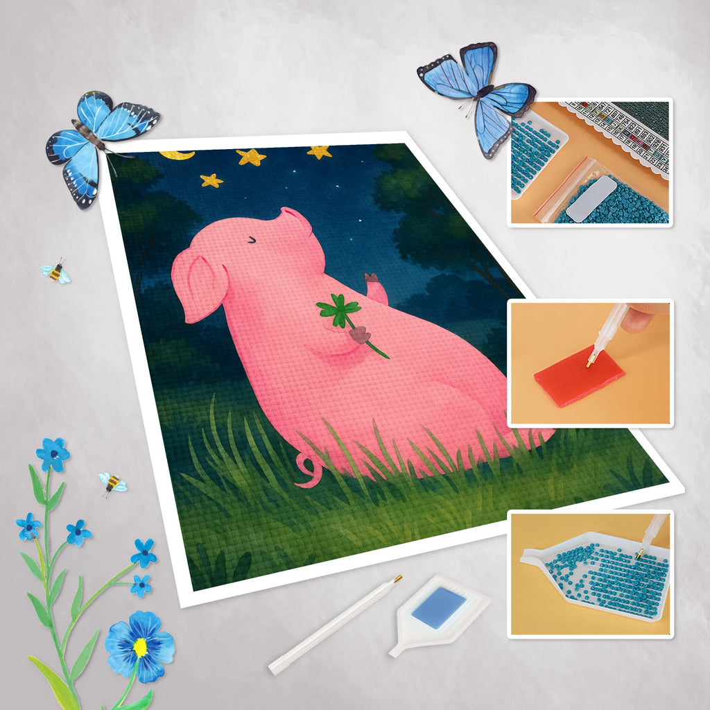 Diamond Painting Pig Luck Design small animals, cute, funny, cute animal motives, hand drawn, small world, funny sayings, good mood, happy, gifts, gift ideas, special gifts, animal lover, card, stars, piglet, motivation, dreams, goals, pig, Lucky bastard. Luck, lucky charm, asterisks