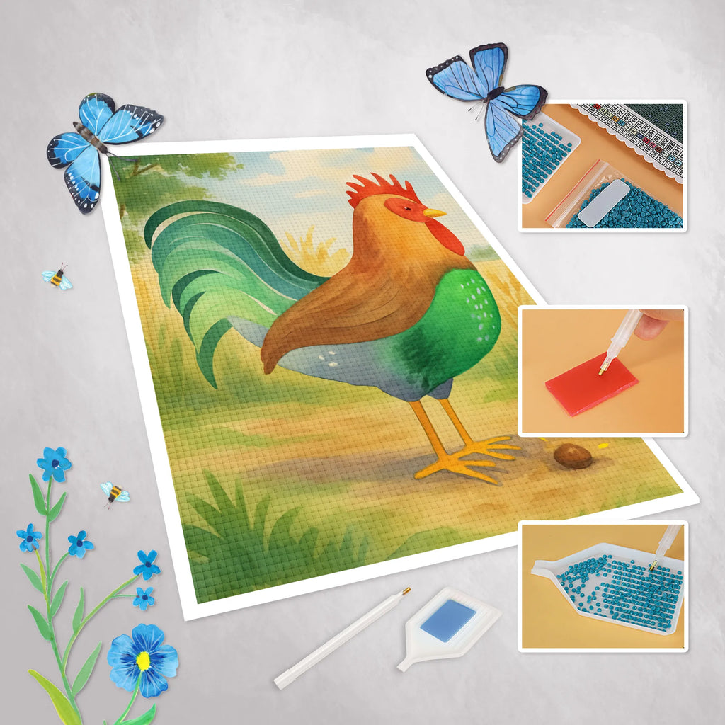 Diamond Painting Hahn Korn Design DIY, Kreativität, Kristallbild, Diamond Painting, Bauernhof, Hoftiere, Landwirt, Landwirtin, Henne, Eier, Natur, Korn, Hahn