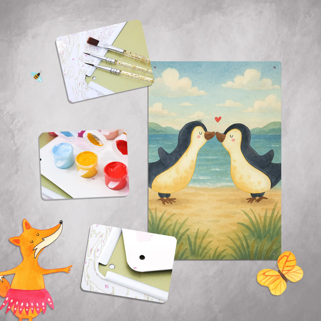 Metalowy szyld do malowania po numerach Pingwiny Pocałunek Design Miłość, partner, przyjaciel, przyjaciółka, mąż, żona, wesele, zaręczyny, prośba o rękę, prezent miłosny, rocznica, dzień ślubu