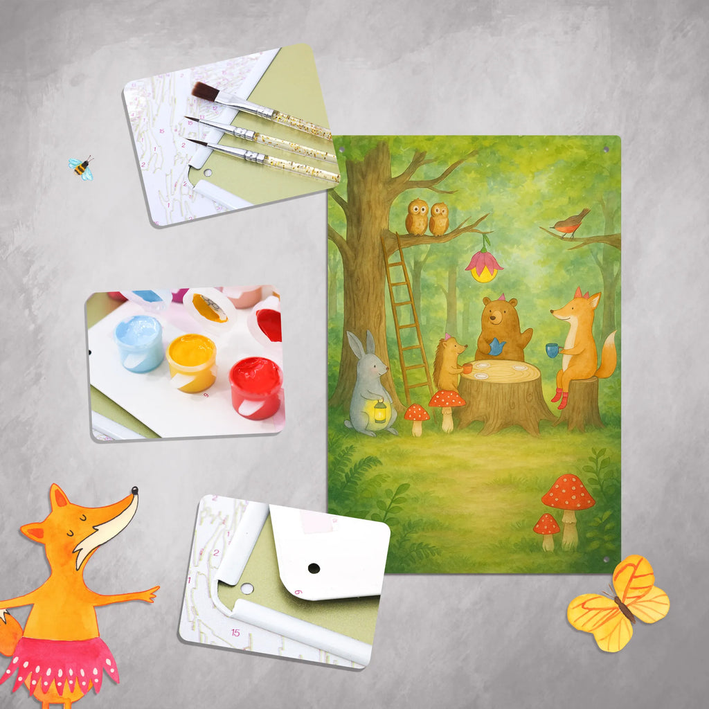 Paint by Numbers Metal Sign forest animals picnic Design small animals, cute, funny, cute animal motives, hand drawn, small world, funny sayings, good mood, happy, gifts, gift ideas, special gifts, animal lover, card, forest animals, hare, mouse, picnic, hedgehog, squirrel, forest, fox