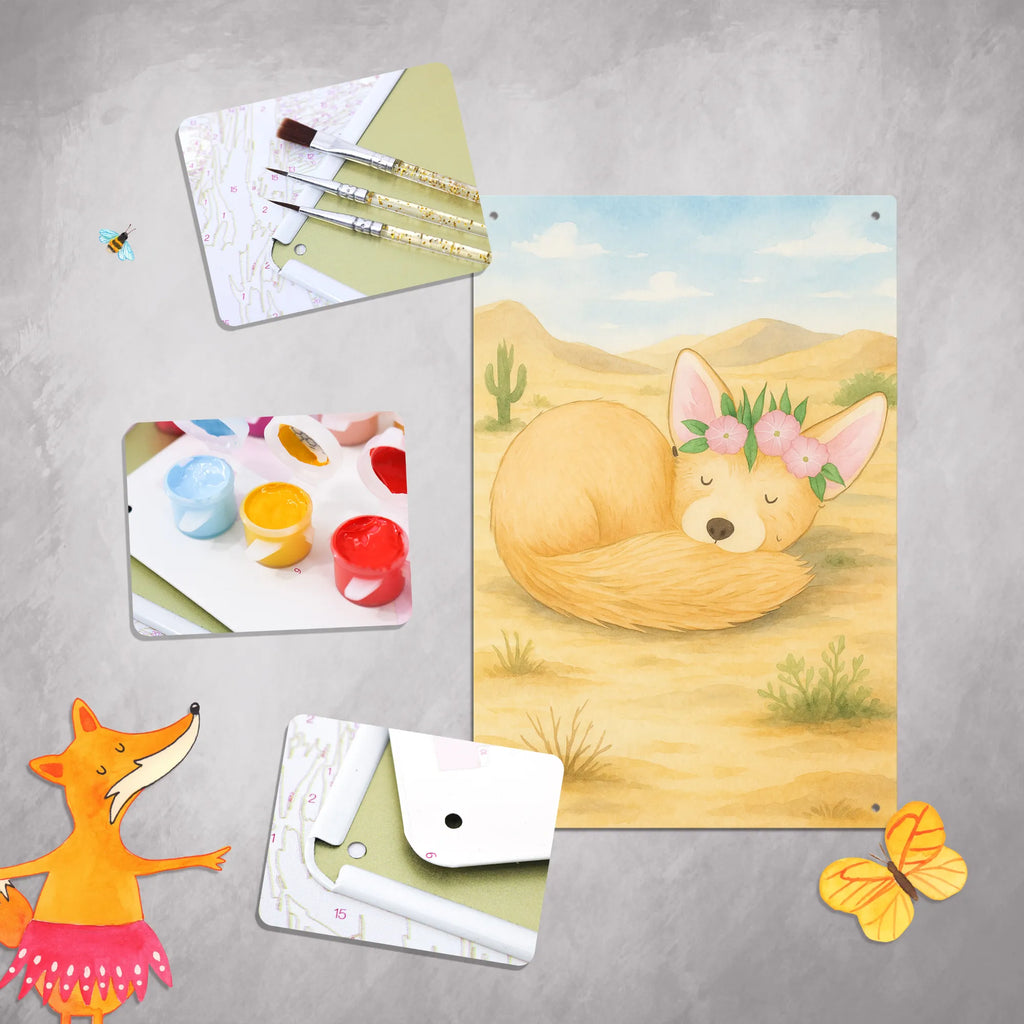 Metalowy szyld do malowania po numerach lis pustynny kwiaty Design Afryka, dzikie zwierzęta