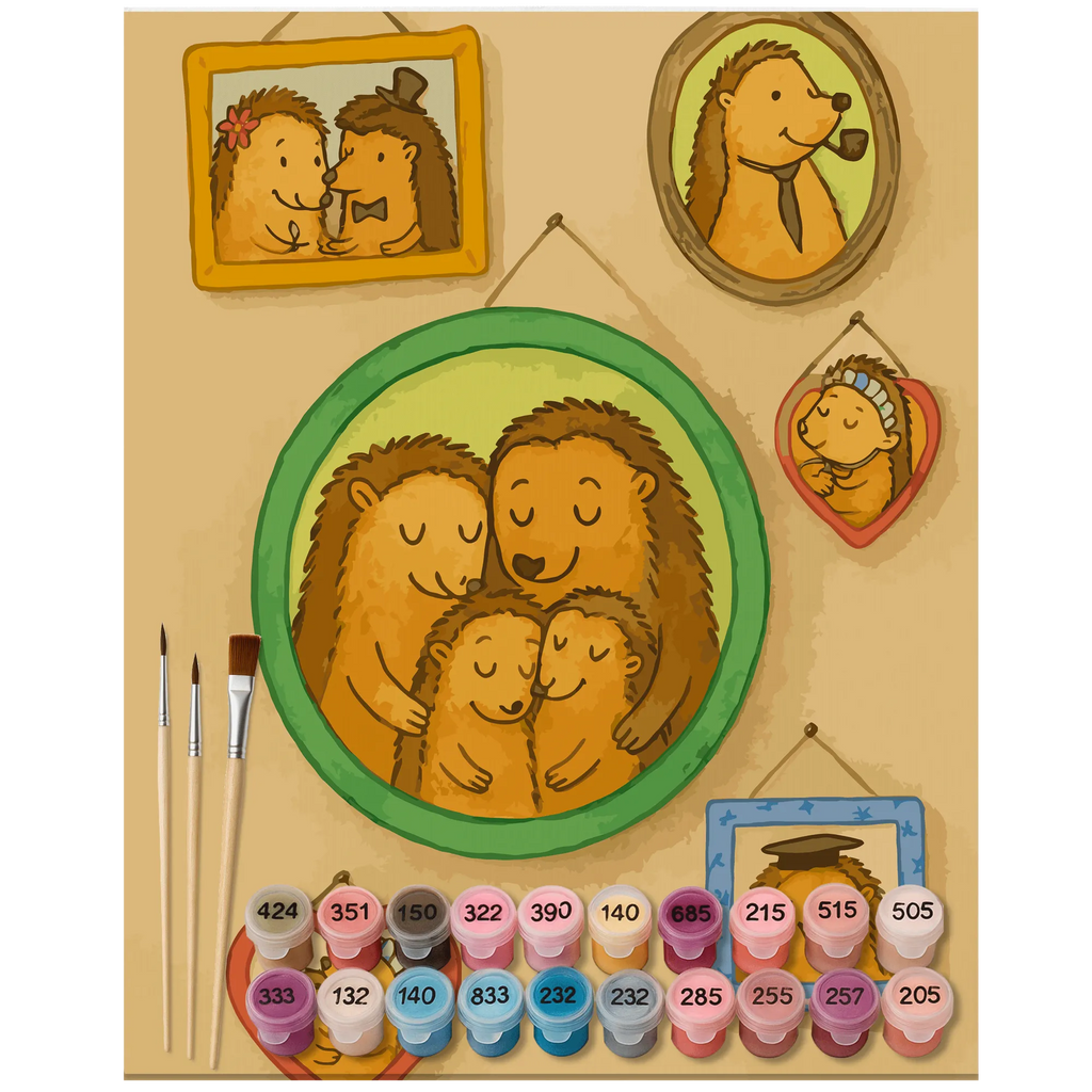 Malowanie według numerów Rodzina jeży Design Malen, Malen nach Zahlen, DIY, Künstler, Baseln, Kreativität, Kunstwerk, Bastelidee, Ausmalbild, Familie, Vatertag, Muttertag, Bruder, Schwester, Mama, Papa, Oma, Opa, Glück, Zusammenhalt, Bilder, Igel, Liebe