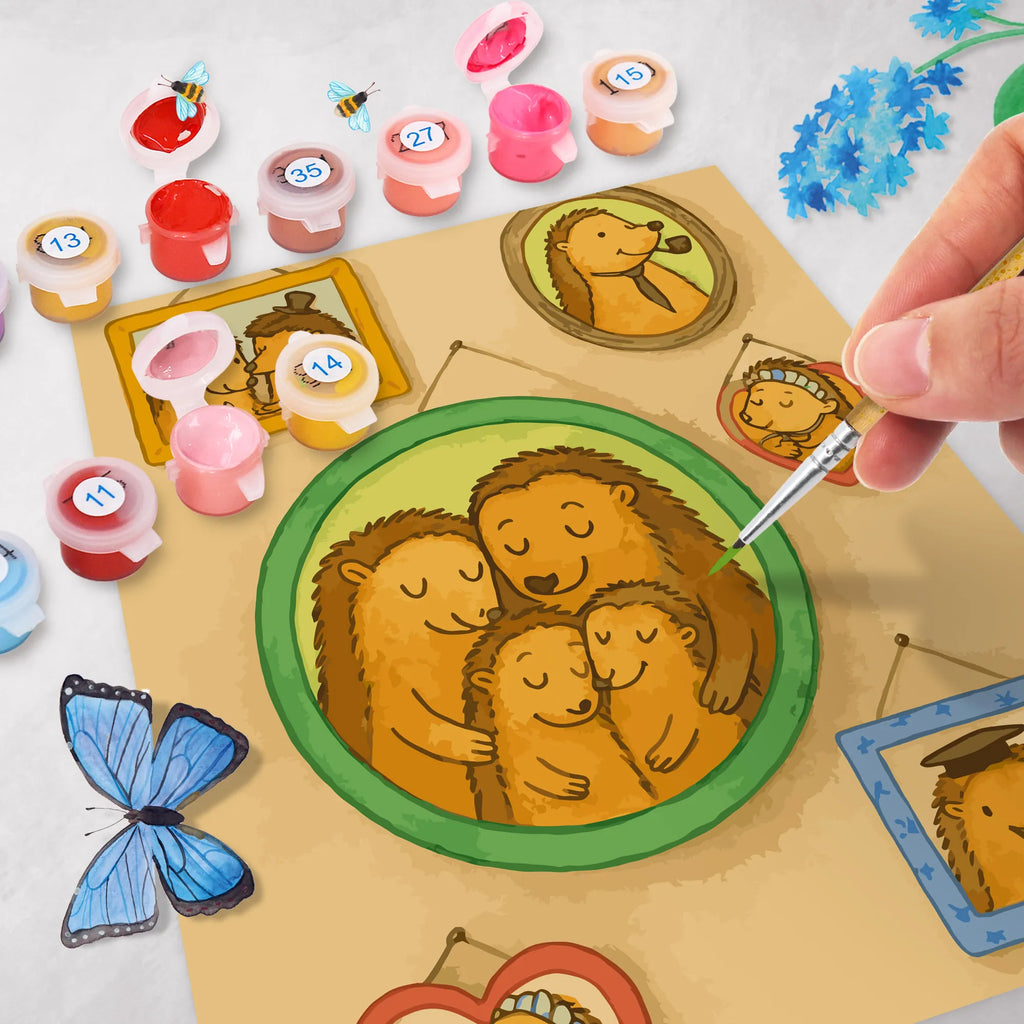 Malowanie według numerów Rodzina jeży Design Malen, Malen nach Zahlen, DIY, Künstler, Baseln, Kreativität, Kunstwerk, Bastelidee, Ausmalbild, Familie, Vatertag, Muttertag, Bruder, Schwester, Mama, Papa, Oma, Opa, Glück, Zusammenhalt, Bilder, Igel, Liebe