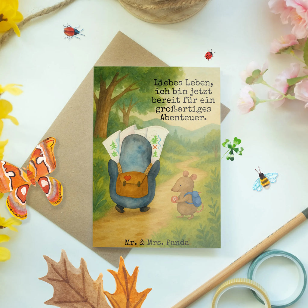 Greetings card Penguin & Mouse Hiker Design Grußkarte, Klappkarte, Einladungskarte, Glückwunschkarte, Hochzeitskarte, Geburtstagskarte, Karte, Ansichtskarten, Pinguin, Pinguine, Abenteurer, Abenteuer, Roadtrip, Ausflug, Wanderlust, wandern