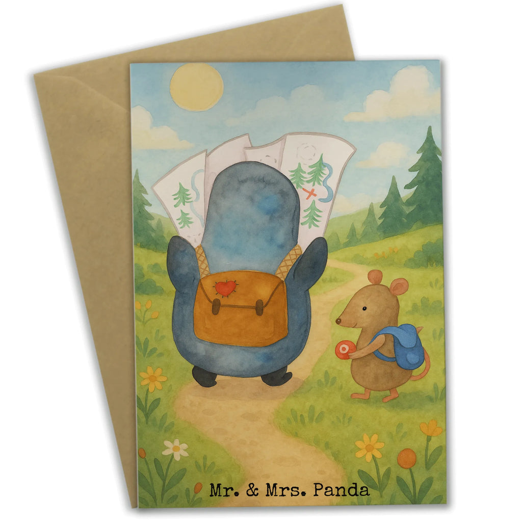 Greetings card Penguin & Mouse Hiker Design Grußkarte, Klappkarte, Einladungskarte, Glückwunschkarte, Hochzeitskarte, Geburtstagskarte, Karte, Ansichtskarten, Pinguin, Pinguine, Abenteurer, Abenteuer, Roadtrip, Ausflug, Wanderlust, wandern