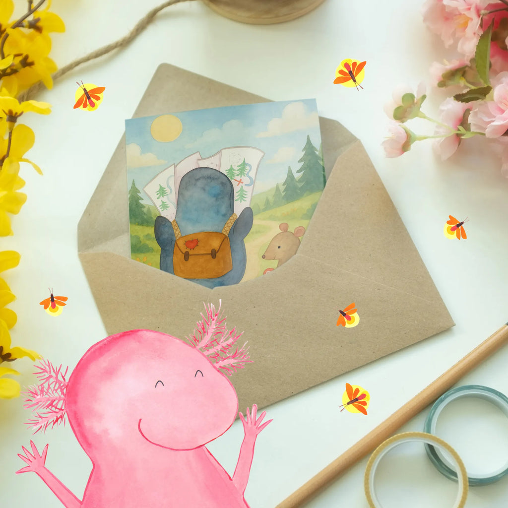 Greetings card Penguin & Mouse Hiker Design Grußkarte, Klappkarte, Einladungskarte, Glückwunschkarte, Hochzeitskarte, Geburtstagskarte, Karte, Ansichtskarten, Pinguin, Pinguine, Abenteurer, Abenteuer, Roadtrip, Ausflug, Wanderlust, wandern