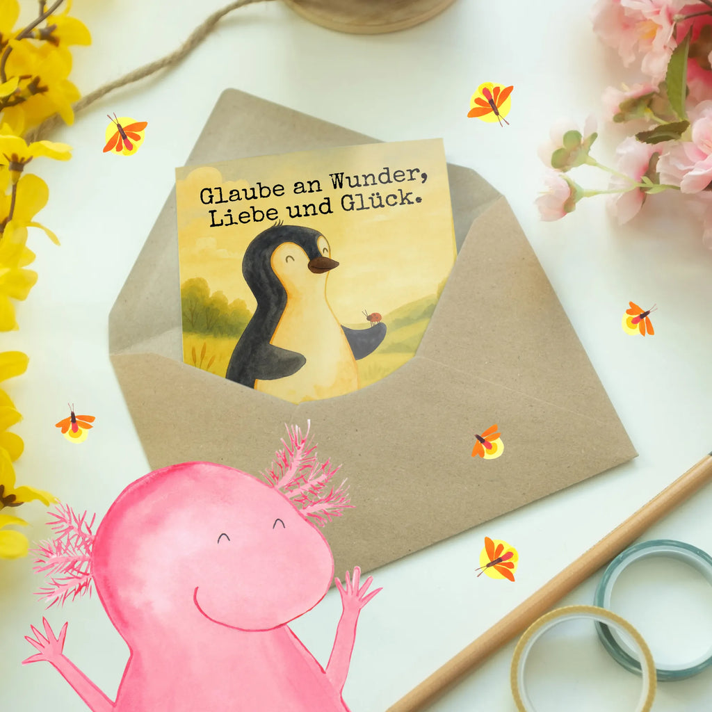 Greetings card Penguin ladybug Design Ansichtskarten, Klappkarte, Geburtstagskarte, Hochzeitskarte, Glückwunschkarte, Grußkarte, Einladungskarte, Karte, Pinguin, Lebensfreude, Pinguine, Glück, Wunder, Liebe, Marienkäfer, Freude