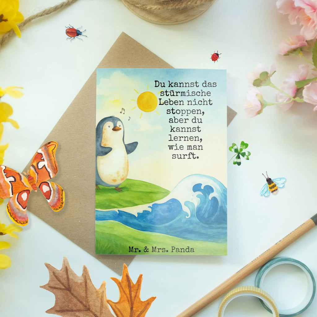 Greetings card Penguin surfer Design Grußkarte, Klappkarte, Einladungskarte, Glückwunschkarte, Hochzeitskarte, Geburtstagskarte, Karte, Ansichtskarten, Pinguin, Pinguine, surfen, Surfer, Hawaii, Urlaub, Wellen, Wellen reiten, Portugal