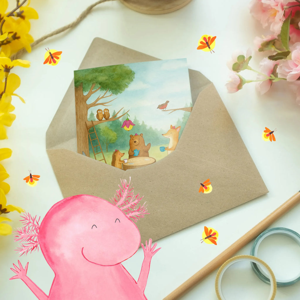 Greetings card forest animals picnic Design Grußkarte, Klappkarte, Einladungskarte, Glückwunschkarte, Hochzeitskarte, Geburtstagskarte, Karte, Ansichtskarten, Tiermotive, Gute Laune, lustige Sprüche, Tiere, Waldtiere, Picknick, Wald, Fuchs, Hase, Igel, Maus, Eichhörnchen