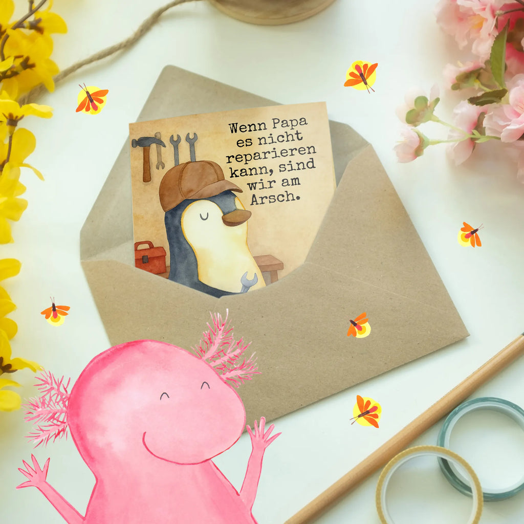 Kartka okolicznościowa Jeśli tata tego nie naprawi, to jesteśmy w dupie Design Grußkarte, Klappkarte, Einladungskarte, Glückwunschkarte, Hochzeitskarte, Geburtstagskarte, Karte, Ansichtskarten, Familie, Vatertag, Muttertag, Bruder, Schwester, Mama, Papa, Oma, Opa, Vater, Geschenk Papa, Bester Papa der Welt