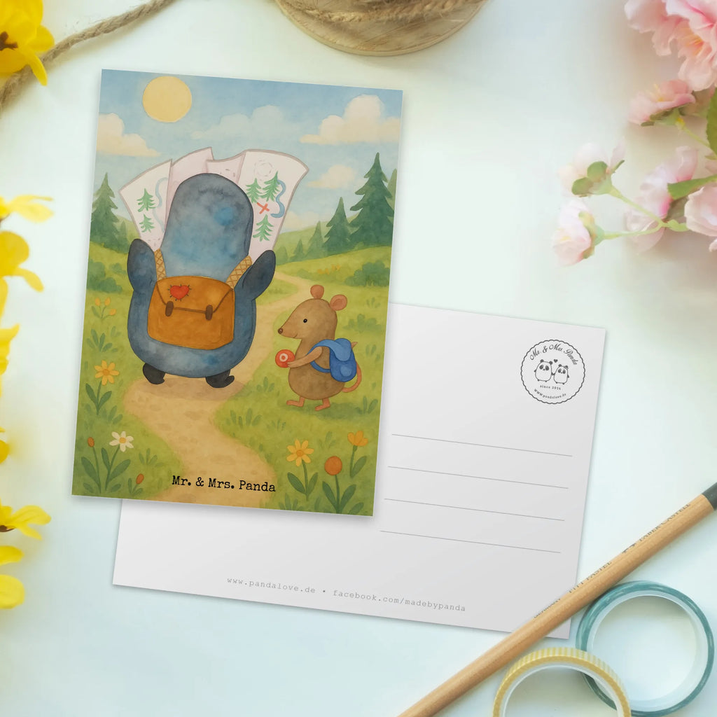 Postcard Penguin & Mouse Hiker Design North Pole, Penguins, penguins, hiking, adventurer, road trip, adventure, excursion