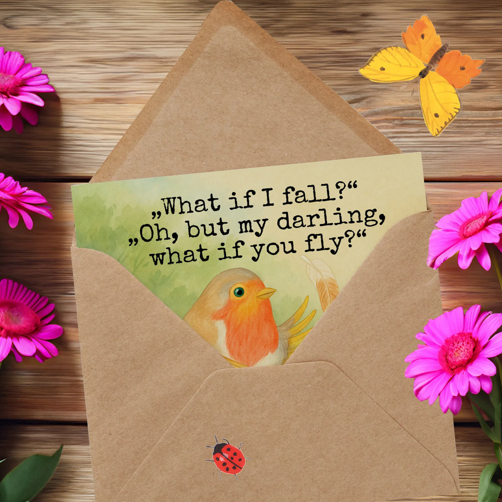 Deluxe Card robin feathers Design Karte, Grußkarte, Klappkarte, Einladungskarte, Glückwunschkarte, Hochzeitskarte, Geburtstagskarte, Hochwertige Grußkarte, Hochwertige Klappkarte, Tiermotive, Gute Laune, lustige Sprüche, Tiere, What if i fall, Rotkehlchen, Spruch Motivation, Spruch Mut, Vogel, Motivation Sprüche, Motivationsbilder, fliegen
