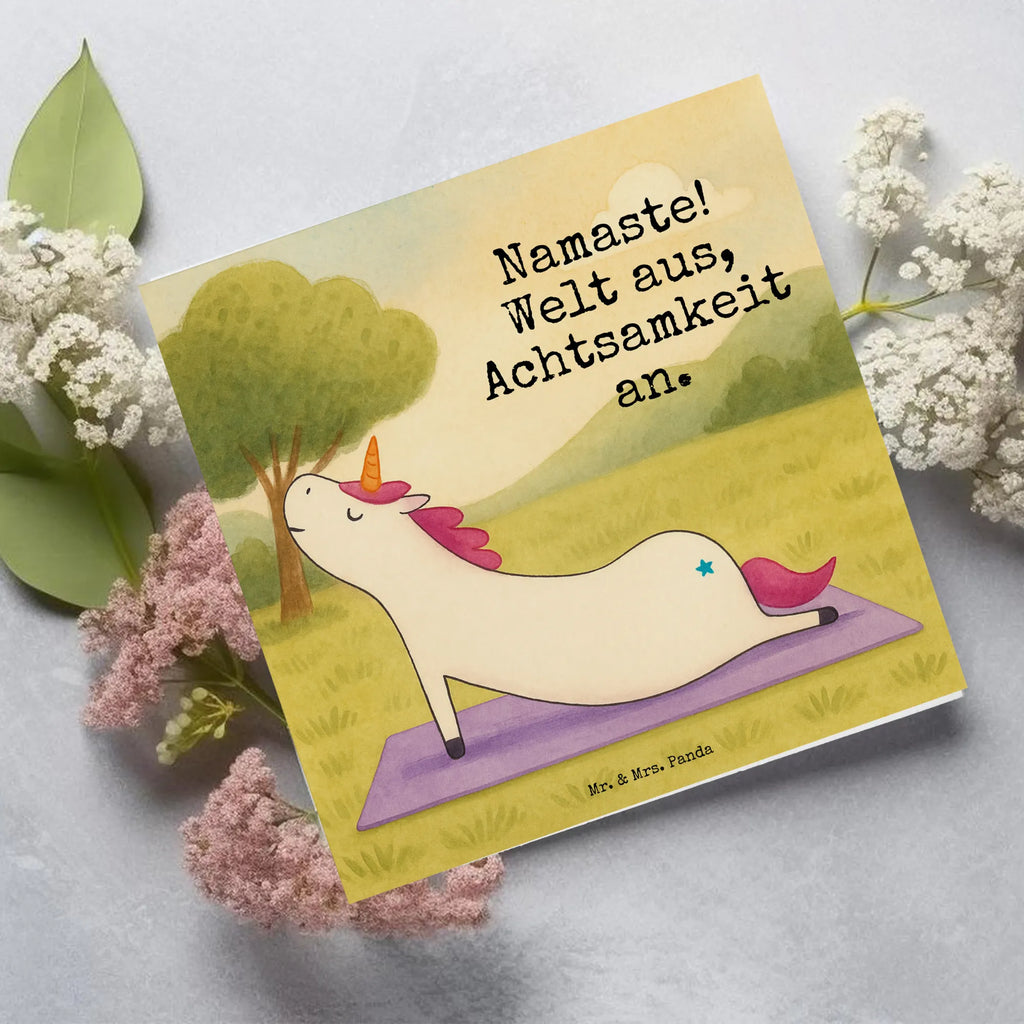 Karta Deluxe jednorożec joga Design Karte, Grußkarte, Klappkarte, Einladungskarte, Glückwunschkarte, Hochzeitskarte, Geburtstagskarte, Hochwertige Grußkarte, Hochwertige Klappkarte, Einhorn, Einhörner, Einhorn Deko, Unicorn, Yoga, Namaste, Achtsamkeit, Entspannung, Joga, Yogamatte, Sport, lustig, witzig, süß