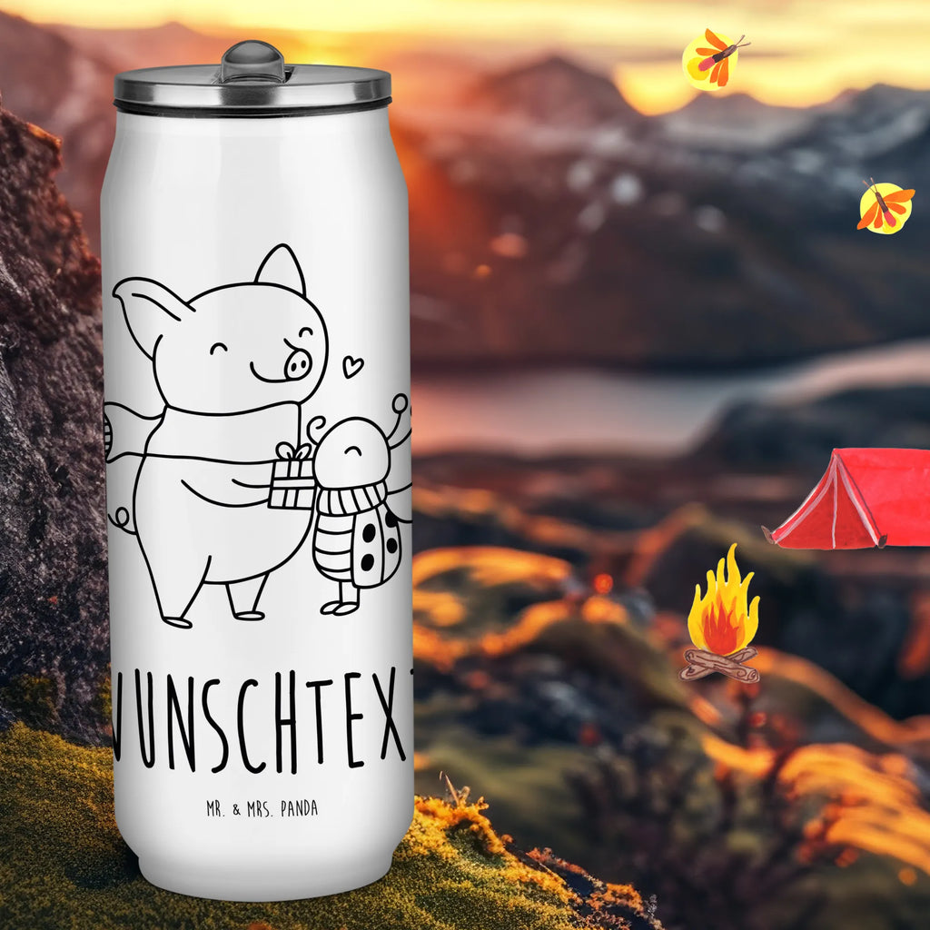 Personalized Beverage Cans Drinking Bottle Glow Pig Snuggle Winter, Christmas, Christmas time, snow