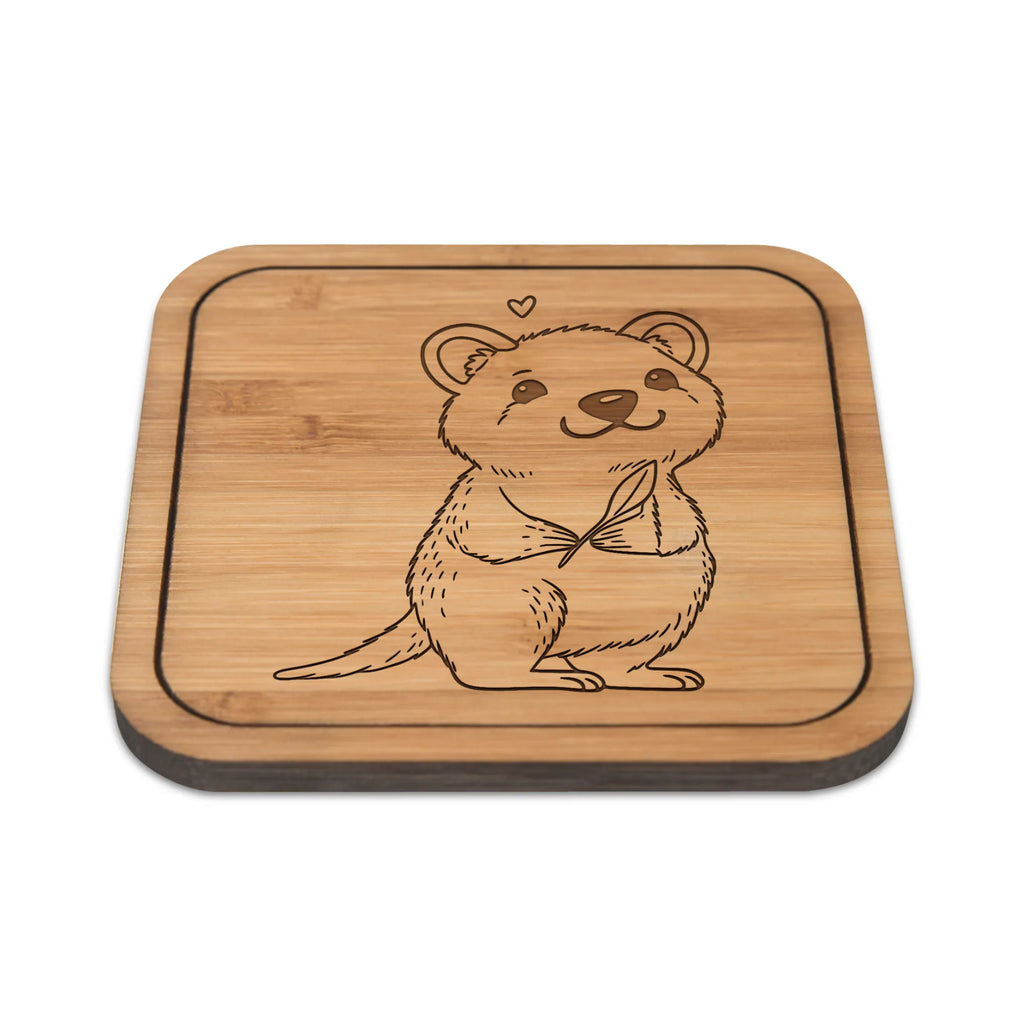 Square coaster Quokka Happy wood, giveaways, glass, glasses, gifts, square, glass coasters, presents, coasters, set, gift, party, breakfast, small animals, cute, funny, cute animal motives, hand drawn, small world, funny sayings, good mood, happy, gift ideas, special gifts, animal lover, card