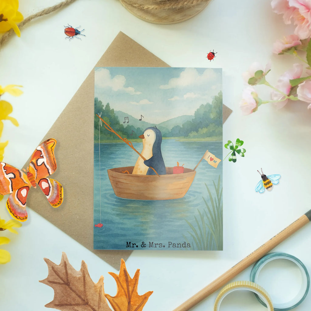 Grußkarte Pinguin Angelboot Design Grußkarte, Klappkarte, Einladungskarte, Glückwunschkarte, Hochzeitskarte, Geburtstagskarte, Karte, Ansichtskarten, Pinguin, Pinguine, Angeln, Boot, Angelboot, Lebenslust, Leben, genießen, Motivation, Neustart, Neuanfang, Trennung, Scheidung, Geschenkidee Liebeskummer